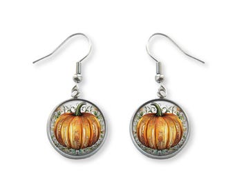 Pumpkin Pendant Earrings, Glass Dome Cabochon, Stainless Steel Hooks
