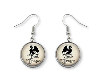 Book Dragon Pendant Earrings