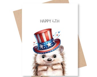 4th of July Greeting Card, Hedgehog Card, Woodland Animals, Independence Day
