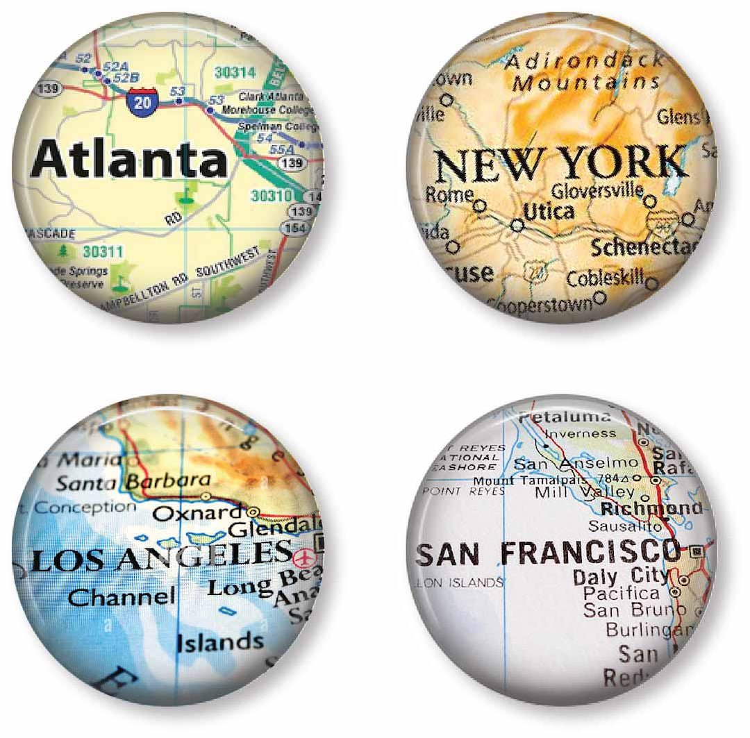 US City Map Pinback Buttons - Atlanta, San Francisco, NYC, LA - Set of ...
