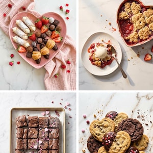 May include: A Valentine's Day-themed image featuring an assortment of desserts. A heart-shaped dish holds pastries and strawberries. Other images show a heart-shaped crumble, brownies, and heart-shaped cookies. The text reads "Sweet Love Collection."