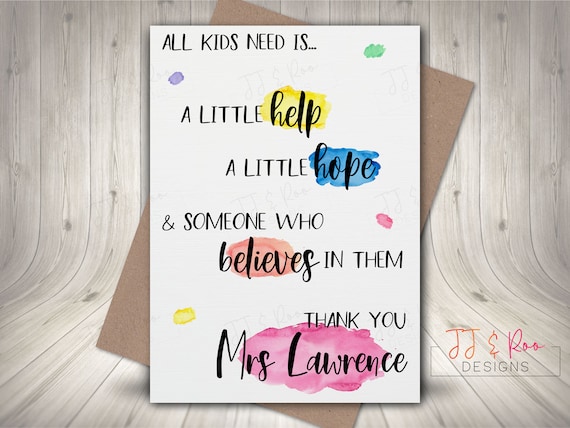 Personalised TEACHER THANK YOU card Any message Any names 