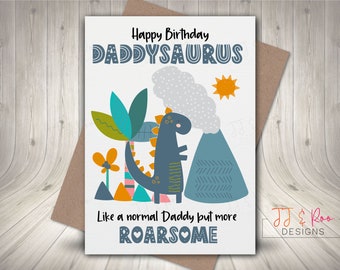 Geburtstagskarte Für Papa – Motiv „Daddysaurus“ Mit Dinosaurier-Design, Für Kinder, Auf 350g/m² Leinenkarton, Inkl. Umschlag