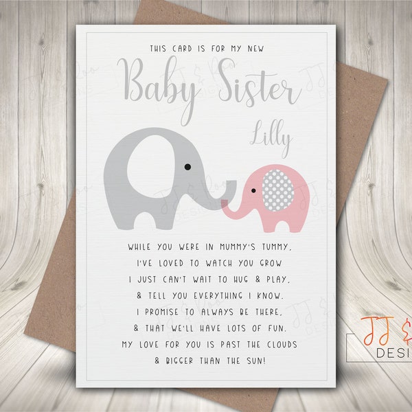 Personalised New Baby Sister Card | Keepsake Card for Little Sister or Brother | Elephants & Poem | New Baby Congratulations