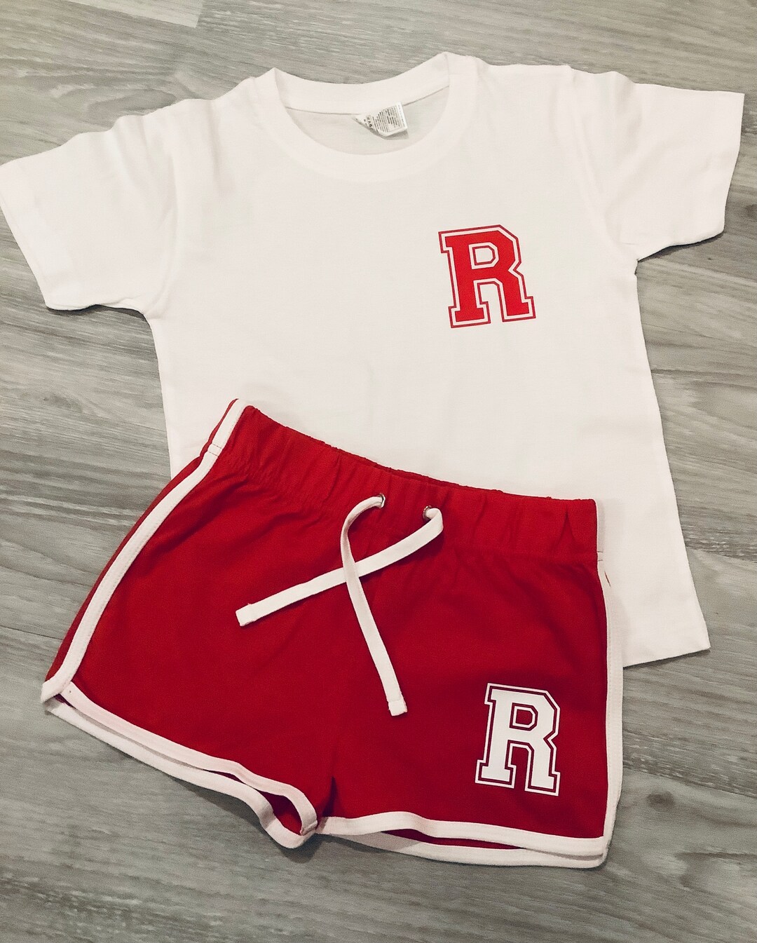 Personalised Girls Retro Shorts & Tshirt Set Varsity Initial Print