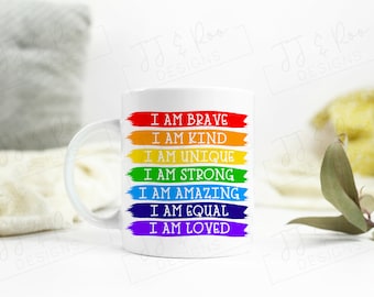 Bright Positive Affirmations Mug | Rainbow Colours | Coffee or Tea Cup | Positivity Gift | Motivational Quotes