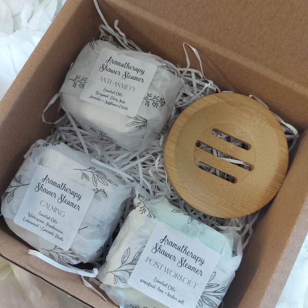 Aromatherapy Shower Steamers Gift Box | Calming/Anti Anxiety/Post Workout Shower Bombs & Bamboo Soap Tray | Self Care Package Wellbeing Gift