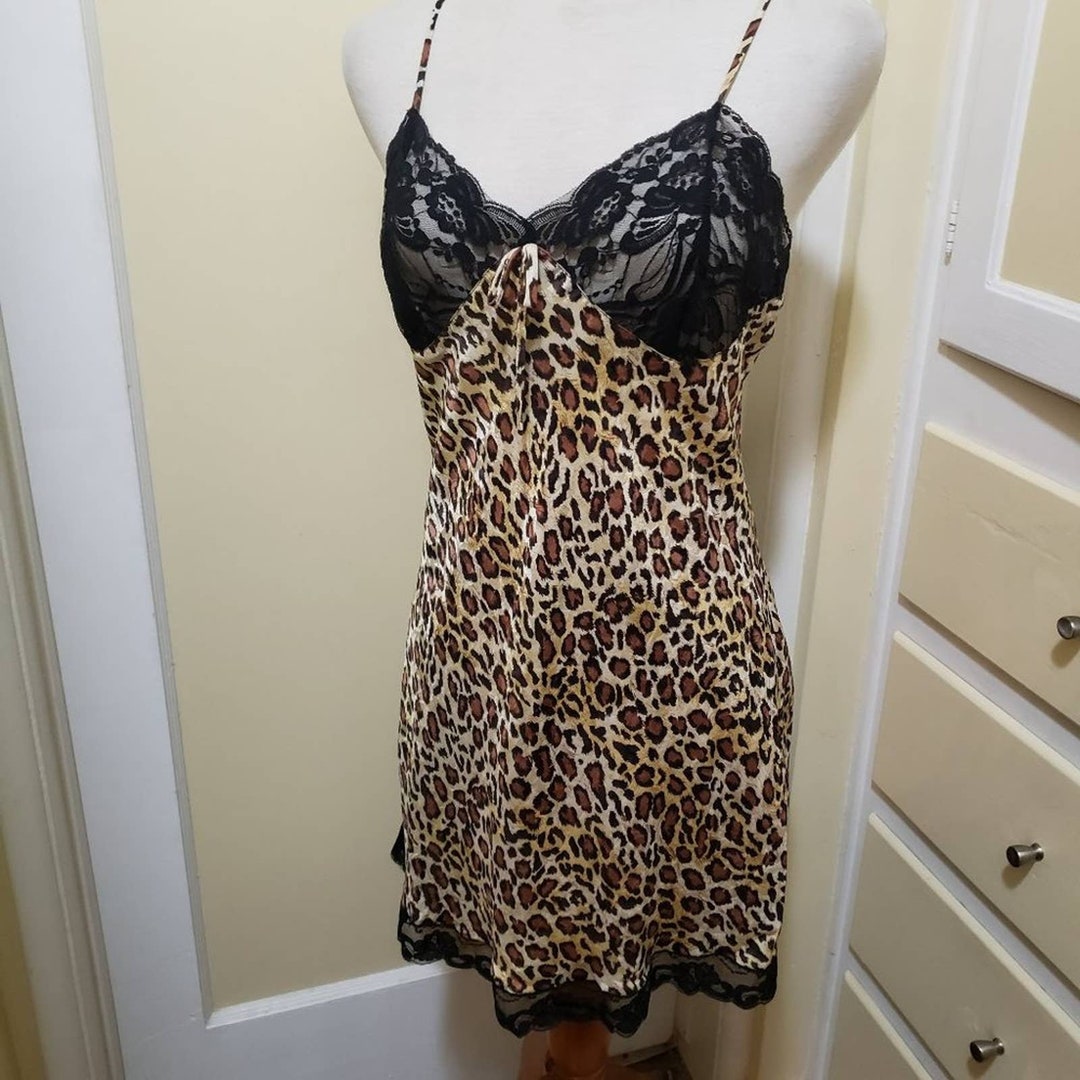Vintage Leopard Print Negligee / Black Lace / by August Silk / - Etsy