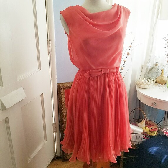 Vintage Chiffon Dress, Size XS, Pleated, Bow