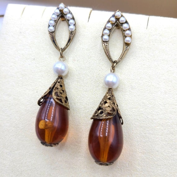 Vintage Orb Dangling Earrings w/ Faux Pearls / Pi… - image 3