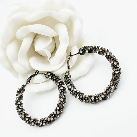 Vintage Hoop Earrings Black and White Rhinestones Pie… Gem