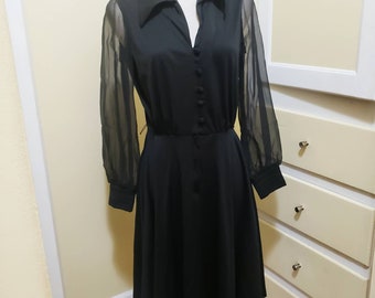 Vintage Black Dress A-Line Button Down Top Size Small Sheer Sleeves