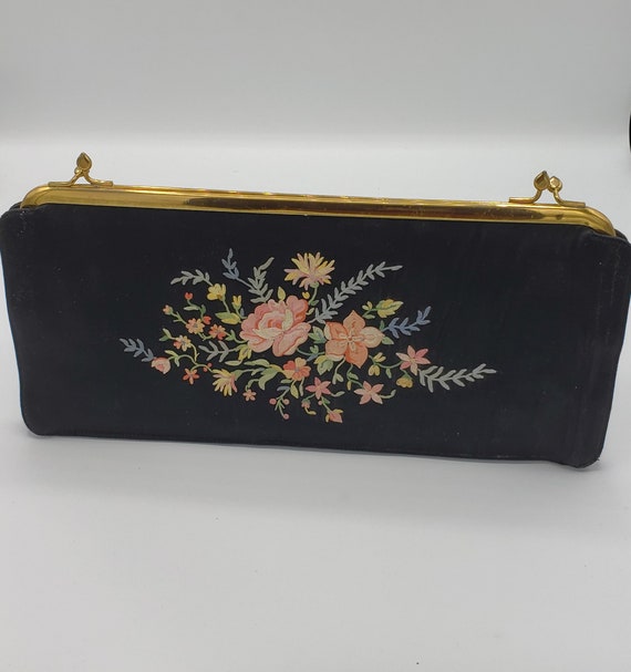 Vintage Clutch Black Handbag by Koret Tresor Flor… - image 1