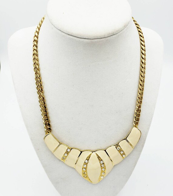 Vintage Necklace | Cream Lacquer w/ Bling and Gol… - image 3