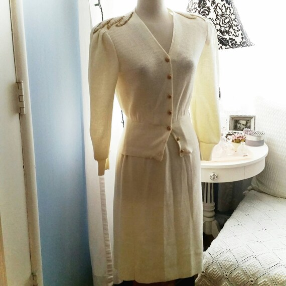 Amazingly Gorgeous Vintage Cream Knit Two-Piece Sk