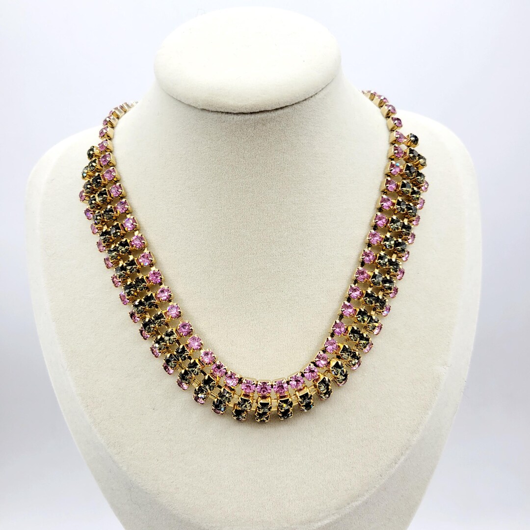 Pink Rhinestone Choker Stunning Vintage Rhinestone Choker Necklace • Hook Clasp • Pink & Gray ...