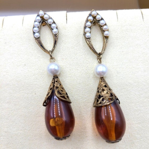 Vintage Orb Dangling Earrings w/ Faux Pearls / Pi… - image 1