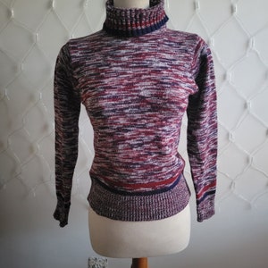 Vintage Knit Turtleneck Sweater / Burgundy, White & Blue / Size Small / by Knit Pic / 1960s