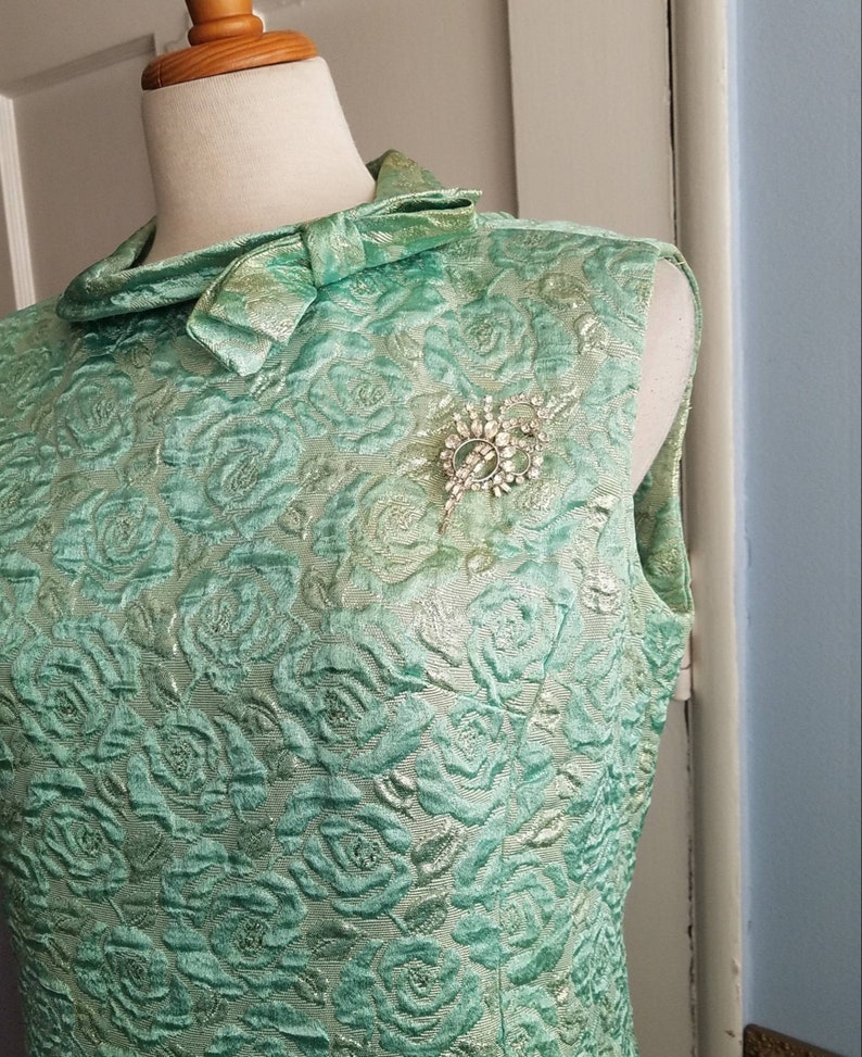 1960s Saved From The Mines Vintage Brocade Dress Mint Green and Silver