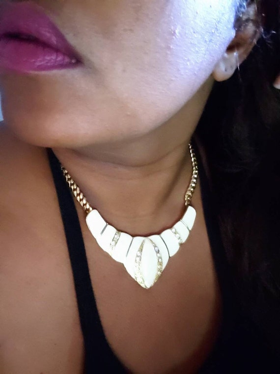 Vintage Necklace | Cream Lacquer w/ Bling and Gol… - image 2