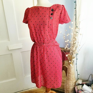 Vintage Belted Dress | Red with Black | Labeless | Semi-Sheer | Petal Sleeves