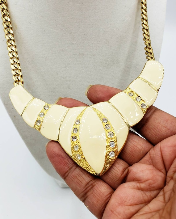 Vintage Necklace | Cream Lacquer w/ Bling and Gol… - image 1