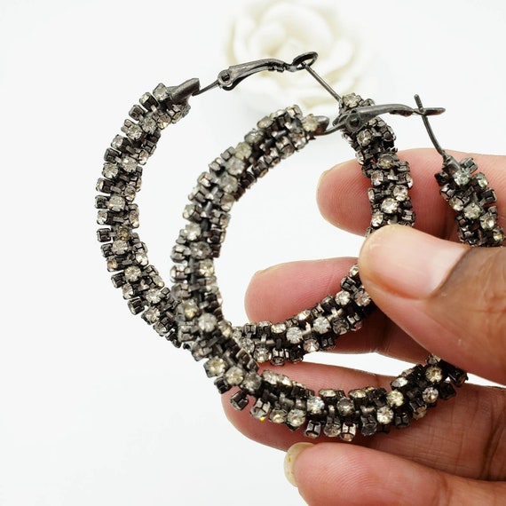 Vintage Hoop Earrings Black and White Rhinestones… - image 2