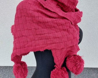 Red pom pom chunky scarf for women, winter long knitted scarf, oversized winter scarf, vintage neck warmer, large shawl scarf, pom pom shawl
