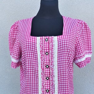 Women gingham plus size summer blouse, large blouse peasant, plaid women shirt, summer clothing, Vintage shirt, women blouse with lace