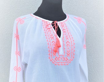 Embroidery women M blouse, summer cotton blouse, women's half sleeves shirt, peasant top blouse, embroidered blouse, women summer clothing