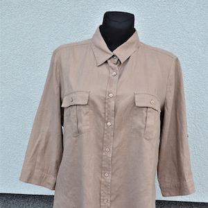 Women&#39;s summer L size linen shirt, second-hand half sleeves large women linen blouse, taupe linen women blouse, women vintage linen clothes