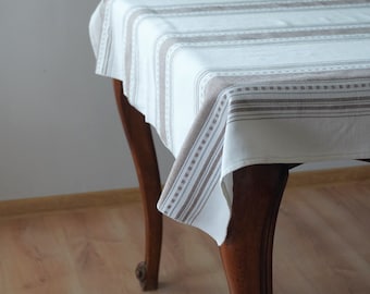 White striped tablecloth for dining table. Square vintage tablecloth. White/brown striped tablecloth. Retro table cloth.