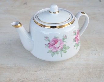 Small Pink and Gold Vintage Teapot. Retro teapot with rose and gold decor. Tea maker. Coffee teapot. Shabby chic teapot.