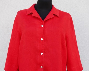 Estate da donna Grande top di lino, camicetta di lino da donna grande rossa, camicetta da donna di lino abbottonata, abiti di lino vintage da donna