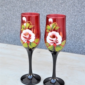 Set 2 red champagne glasses, Vintage Ruby Red glass, vintage glassware, mid century barware, Vintage Ruby Red flute, Wedding Champagne Flute