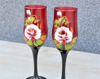 Set 2 red champagne glasses, Vintage Ruby Red glass, vintage glassware, mid century barware, Vintage Ruby Red flute, Wedding Champagne Flute