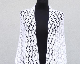 Large white triangle scarf for women. Crocheted fringed shawl. Crochet neck warmer. Wrap fringed scarf. Women's triangle scarf.
