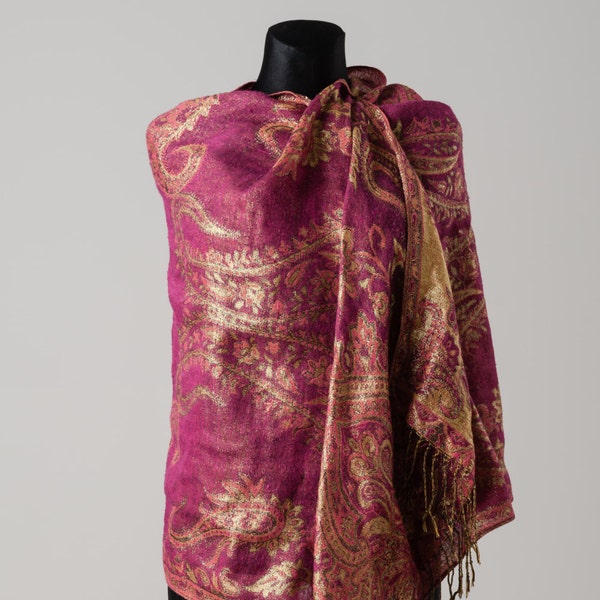 LARGE shawl purple sparkling with paisley Vintage blanket plaid folk art scarf Neckerchief women Gift Neckwear