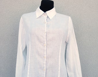 Top di lino taglia L da donna, abbigliamento di lino, camicetta di lino grande a maniche lunghe, camicetta da donna di lino bianco, abiti di lino vintage da donna