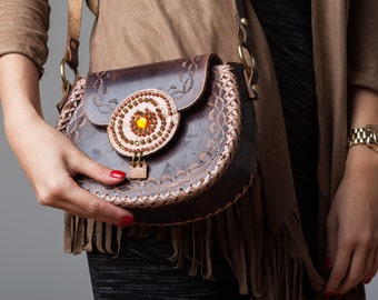 Vintage natural Leather Shoulder Bag Brown Genuine Woodstock hippie boho Handbag Purse Hand Tooled style 60's - 70's