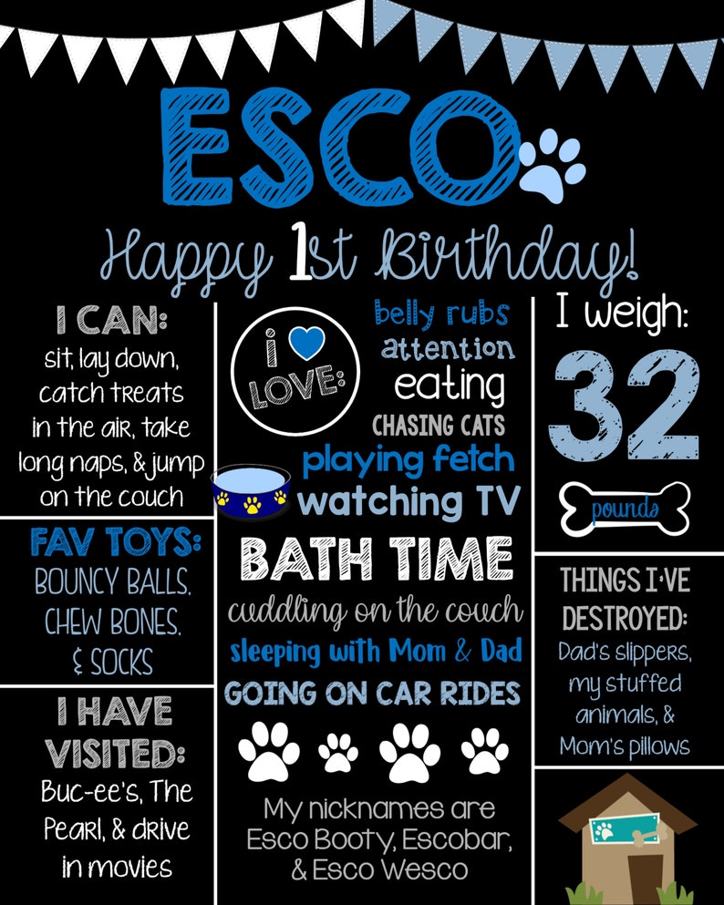 Dog Birthday Chalkboard Signpuppy Dog Dog Bones Printable Etsy