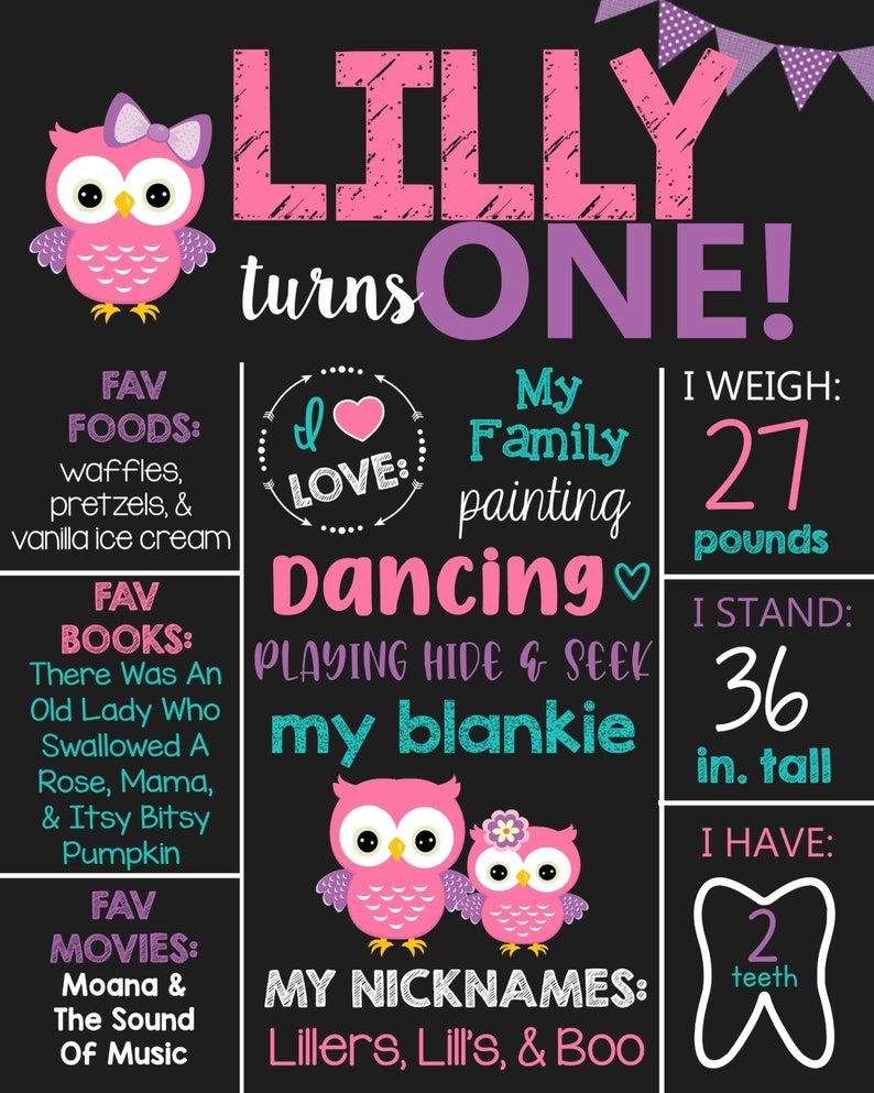 Look Who's Turning 1 Owl Theme Birthday Chalkboard Sign Etsy