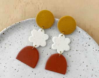 BLOOM Earrings - Speckled Mustard, White & Terracotta Colourway.