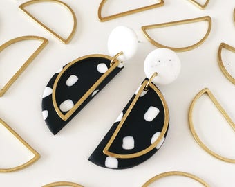 Half Circle Dangly Earrings in a two tone colour way - Polymer clay and Brass