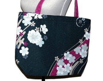 Tote bag sakura fleurs japonaises, sac en tissu collection Tsubaki, sac floral imprimé kawaii, coloré, sac à livre, sac d'école, fourre tout