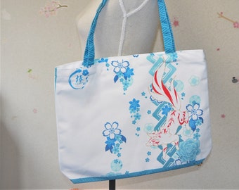 Tote bags loup japonaise, okami, sac en tissu collection Tsubaki, sac floral imprimé kawaii, coloré, sac à livre, sac d'école, fourre tout