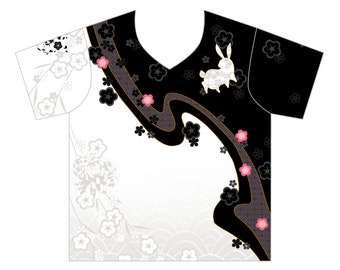 Tshirt kimono, noir et blanc, lapin, usagi, tshirt col V japonais, tshirt floral, tshirt fleur, tshirt kimono, tshirt coloré, tshirt kawaii