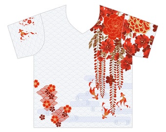 Tshirt kimono, rouge et blanc, glycines, Tshirt col V japonais, Tshirt floral, Tshirt fleur, Tshirt kimono, Tshirt coloré, Tshirt kawaii