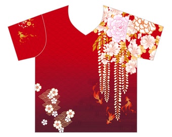 Tshirt kimono, rouge, glycines, Tshirt col V japonais, Tshirt floral, Tshirt fleur, Tshirt kimono, Tshirt coloré, Tshirt kawaii