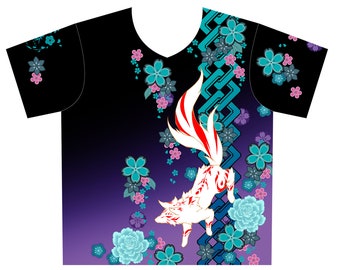 Tshirt loup, tshirt col V japonais, tshirt floral, tshirt fleur, tshirt kimono, tshirt coloré, tshirt kawaii